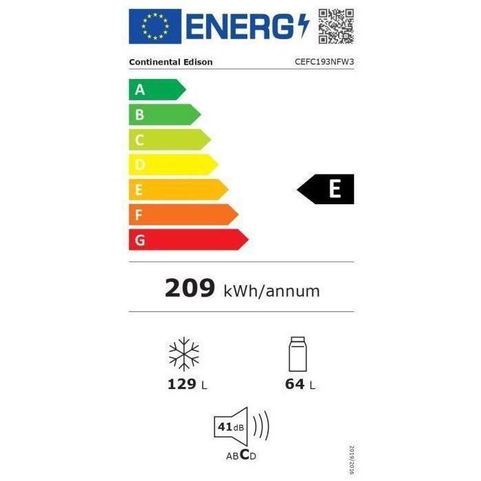 Réfrigérateur congélateur bas - CONTINENTAL EDISON - CEFC193NFW3 - Classe E - 193 L - L48,5 x P60 x 158,5cm - Blanc