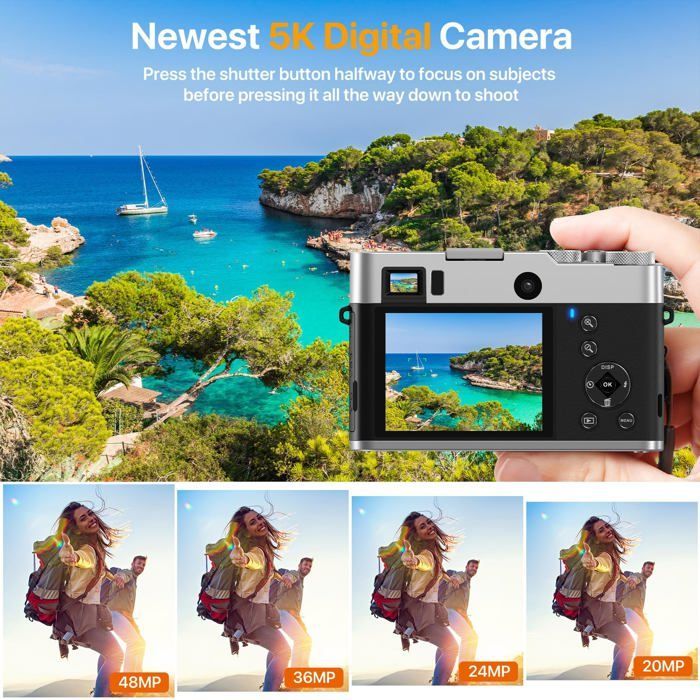 Cámara digital INF 5K con dos objetivos, visor, enfoque automático y estabilizador de imagen (marrón)