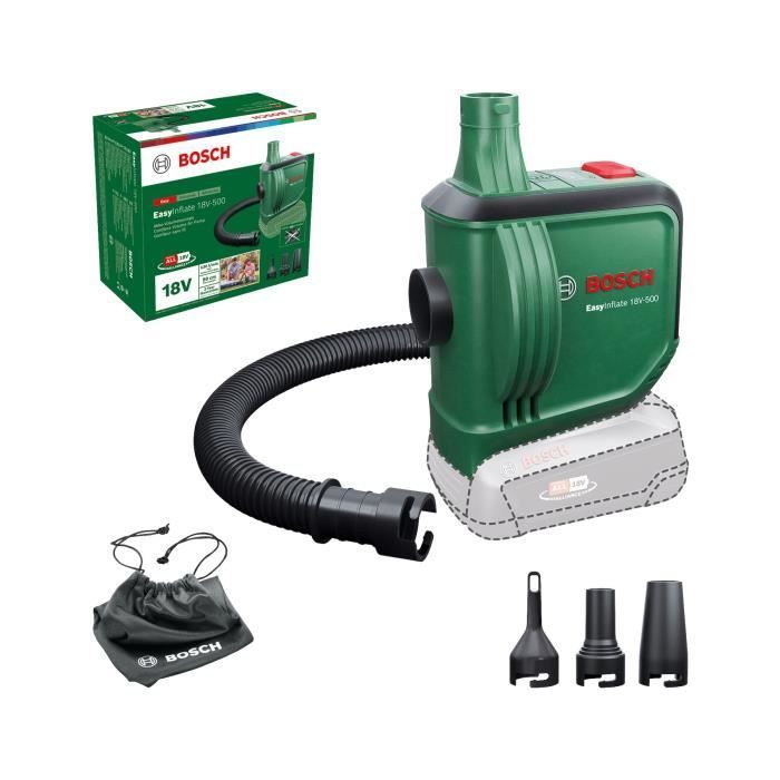 BOSCH Easyinflate 18V-500 cordless inflator supplied with 3 air nozzles, 50cm hose, fabric bag (battery and charger not included) 0603947200