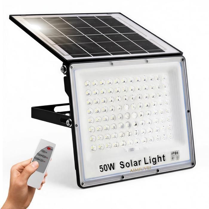 Lámpara solar de exterior AIMIUVEI con mando a distancia, 3000 mAh, ángulo de haz de 120°, 96 LED, aplique solar de pared para jardín y garaje.
