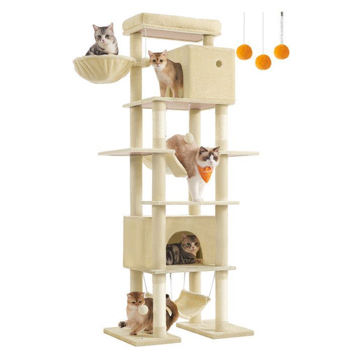 201cm Cat Tree, XXL Size, Multi-Level, 1 Platform, 1 Basket, 2 Caves, 2 Hammocks, Anti-Tip Device, Beige