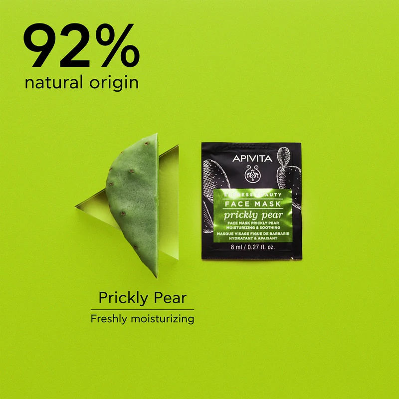 „Apivita Express Beauty Moisturizing Face Mask“ – raminanti veido kaukė su dygliuotais kriaušėmis ir drėkinamosiomis savybėmis.