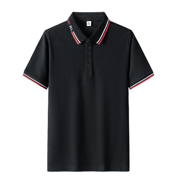 Polo de manga corta para hombre, elegante, de color liso, tejido cómodo - Negro