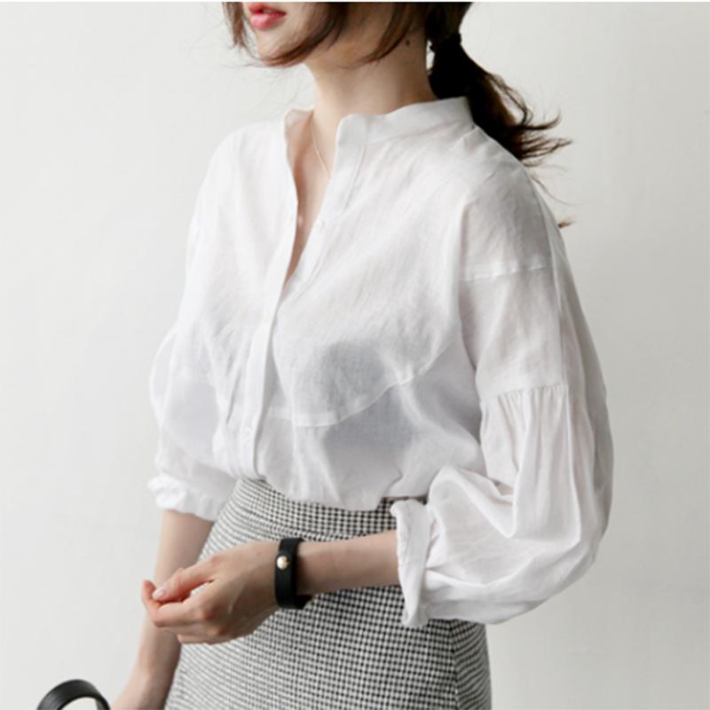 Chemises blanches amples à manches longues pour femmes, style coréen, en coton et lin, disponibles en grandes tailles (S153).