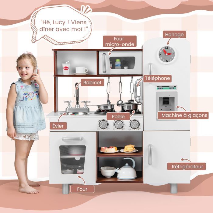 Cocina infantil DREAMADE con reloj y teléfono, efectos de luz y sonido realistas, fuente de agua y perillas giratorias, color marrón.