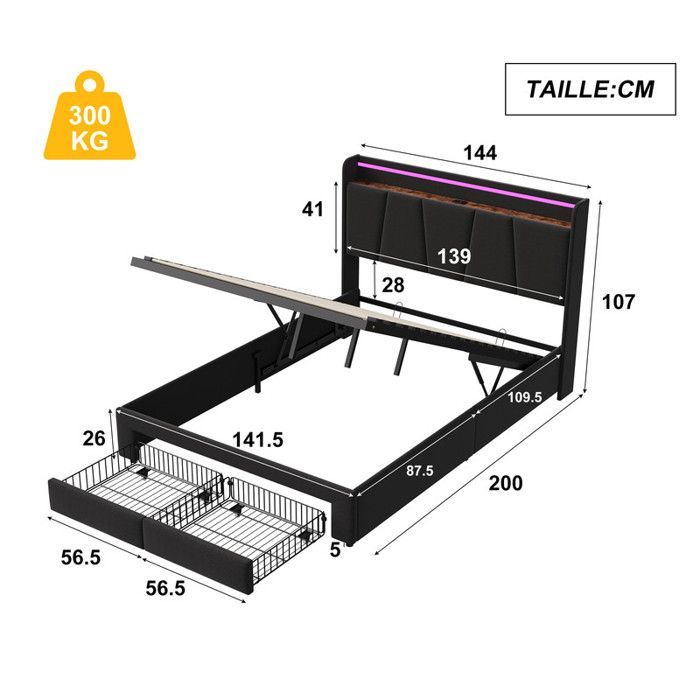 Cama de almacenamiento de 140 x 190 cm con somier de láminas, cama doble con LED y USB, piecero con cajón, cama con somier de láminas