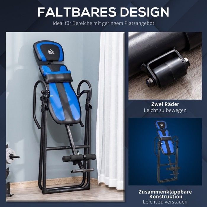 Mavetræningsmaskine, 132 cm foldbart inversionsbord - mobile hjul og justerbar ryglæn - slidstærkt metal/ABS - sort/blå - 132x71x45 cm