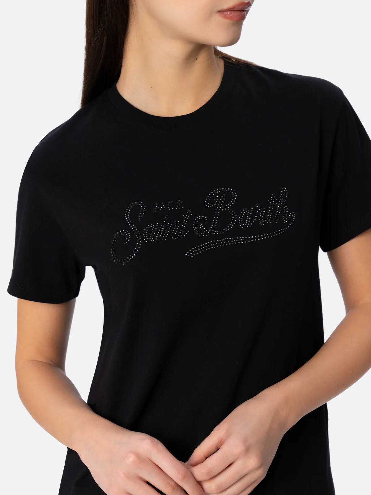 Emilie dames T-shirt met ronde hals van katoenen jersey met Stres-borduurwerk.