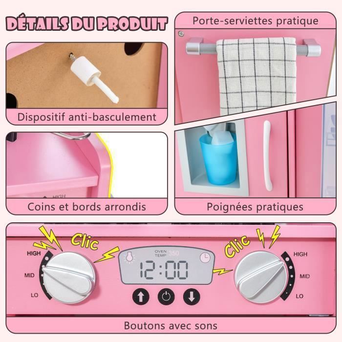Cocina de madera infantil COSTWAY para niños de 3 a 6 años con teléfono, pizarra, microondas, máquina de hielo y 7 accesorios - Rosa