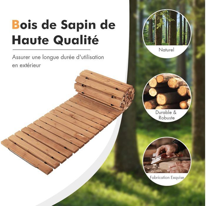 Camino de jardín de madera enrollable COSTWAY de 245 cm, resistente a la intemperie, 43 x 4,5 cm, con alambre de acero y textura antideslizante para patio.