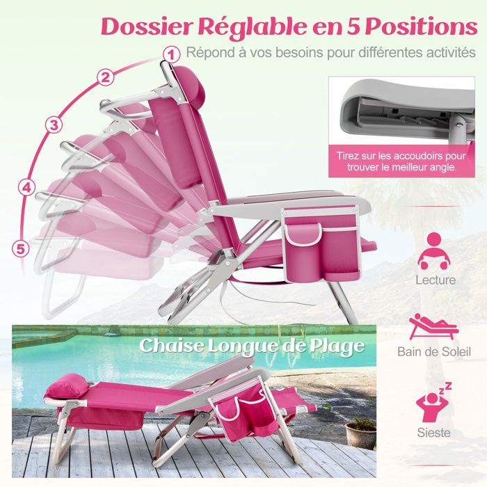 Set of 2 COSTWAY Folding Camping Chairs, 5 Adjustable Positions, Headrest, Side Pockets, Towel Holder, Straps, Pink