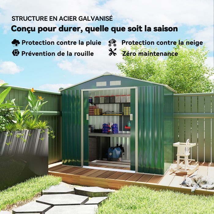 Abri de jardin - Outsunny - 2,42 m² remise outils kit fondation porte verrouillable - acier - 213x130x185cm - vert