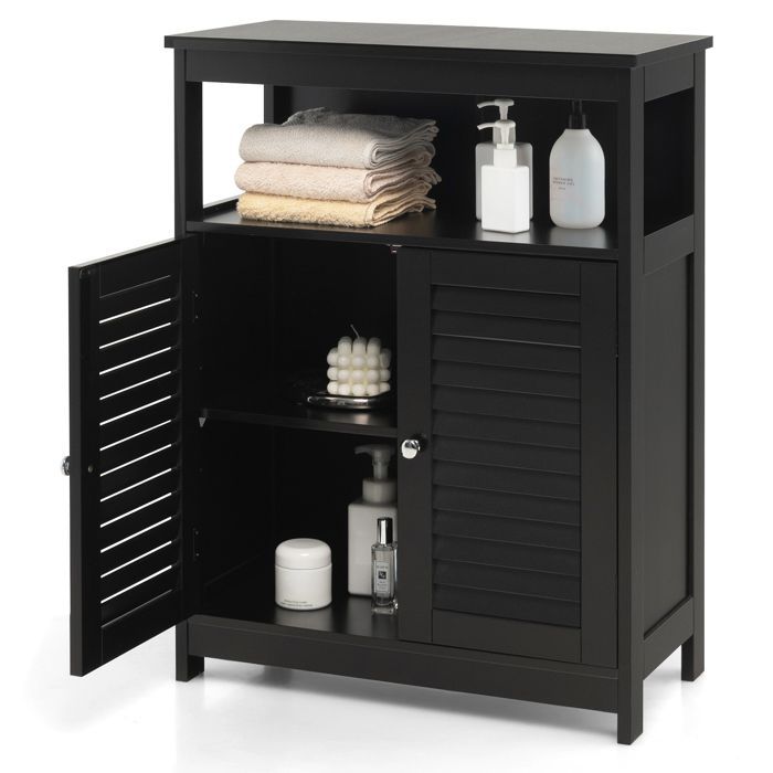 COSTWAY Meuble de Rangement pour Salle de Bain en Bois avec Placard 2 Portes à Volet Etagère Réglable pour Salle de Bain Salon Noir