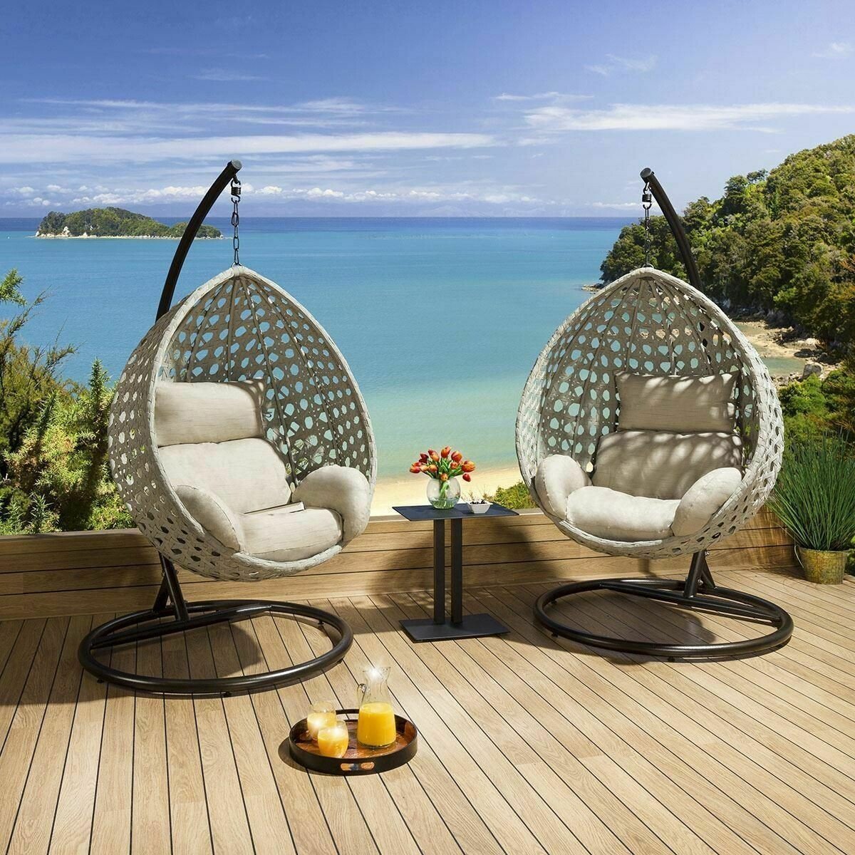 Luxuriöser, extra großer Outdoor-Hängesessel mit grauem Seiltisch