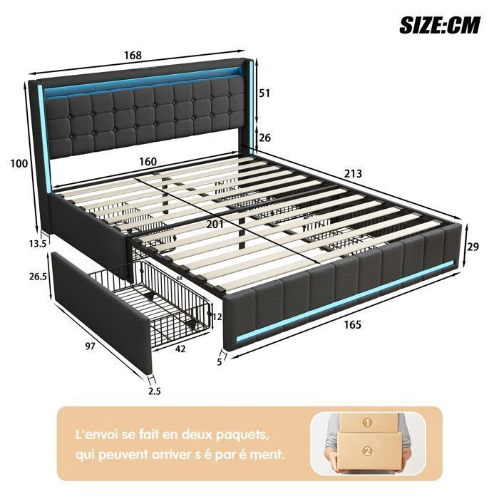 Tweepersoonsbed 160x200 cm - Volwassenenbed met LED-verlichting en USB-oplaadpunt - 4 lades - lattenbodem - linnen - donkergrijs