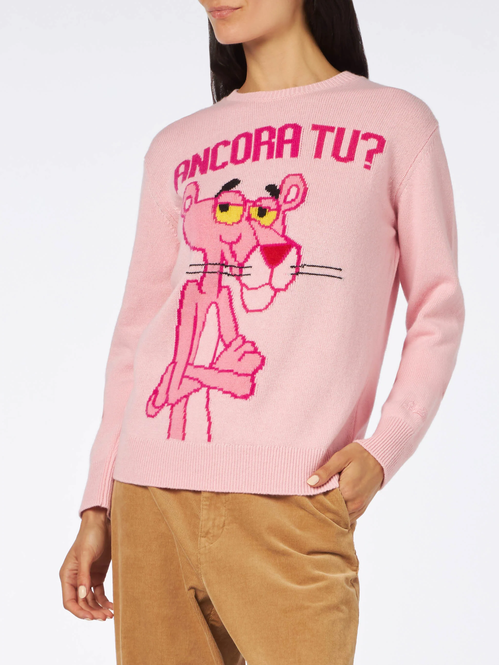 Maglione da donna girocollo rosa con stampa Pantera Rosa Ancora Tu?| E