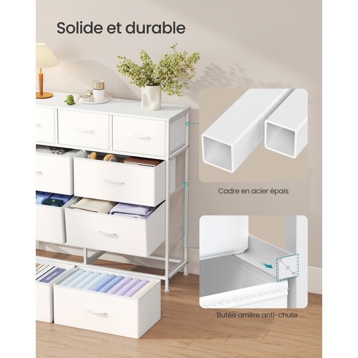 Commode 9 Tiroirs - Acier - Blanc Nuage et Blanc Neige - Polyvalente - Robuste - Montage Facile