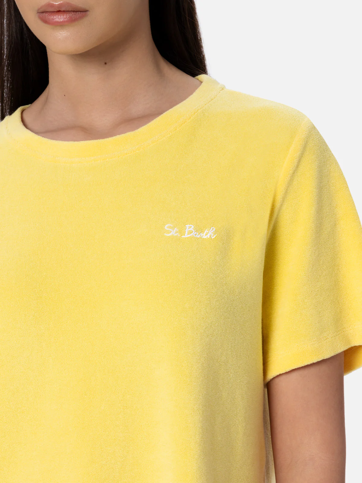 Emilie dames T-shirt met ronde hals van lichtgeel katoenen badstof