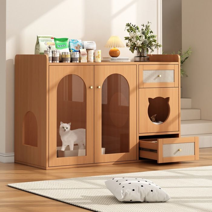 Kattenhuis met kattenbak en opbergruimte, inclusief voerbak en kattenbakvulling (niet inbegrepen), walnootkleur, 120x45x83 cm