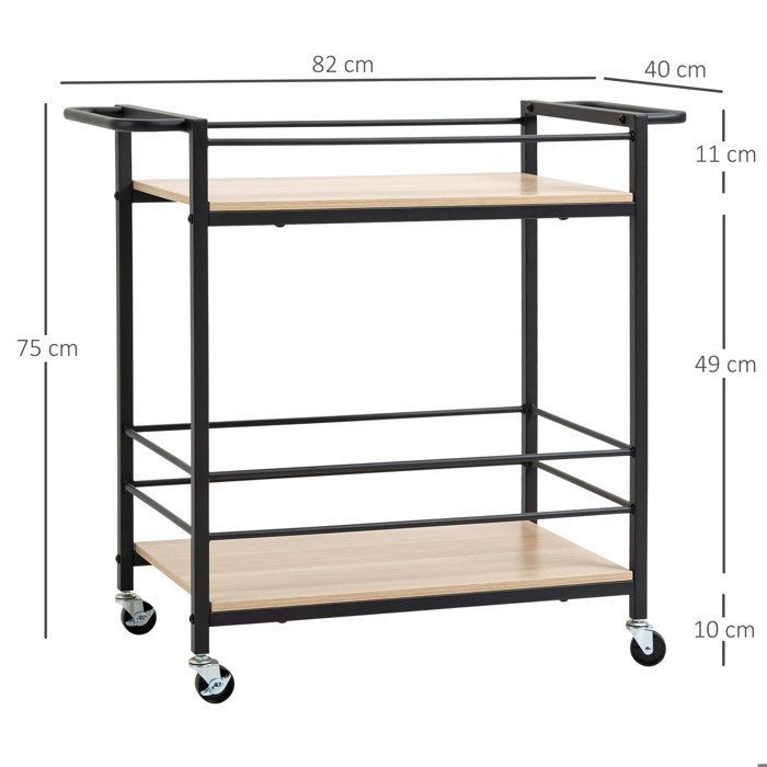 HOMCOM kitchen trolley with wheels, 2 shelves, metal frame and wood-look finish - dimensions 82L x 40W x 75H cm