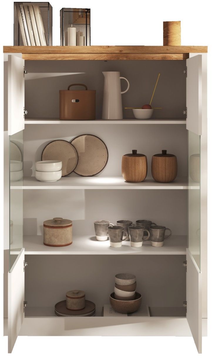 Vitrine - IMOLA - Blanc laqué / Plateau chêne cadiz - 2 Portes - Fabrication Italienne - 114 x 43 x 160 cm