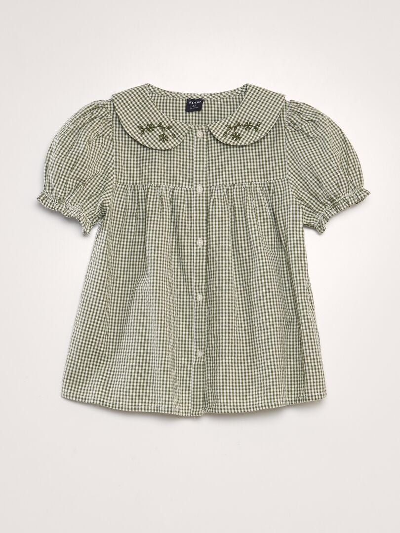 Blusa xadrez vichy com gola Claudine bordada - Cáqui