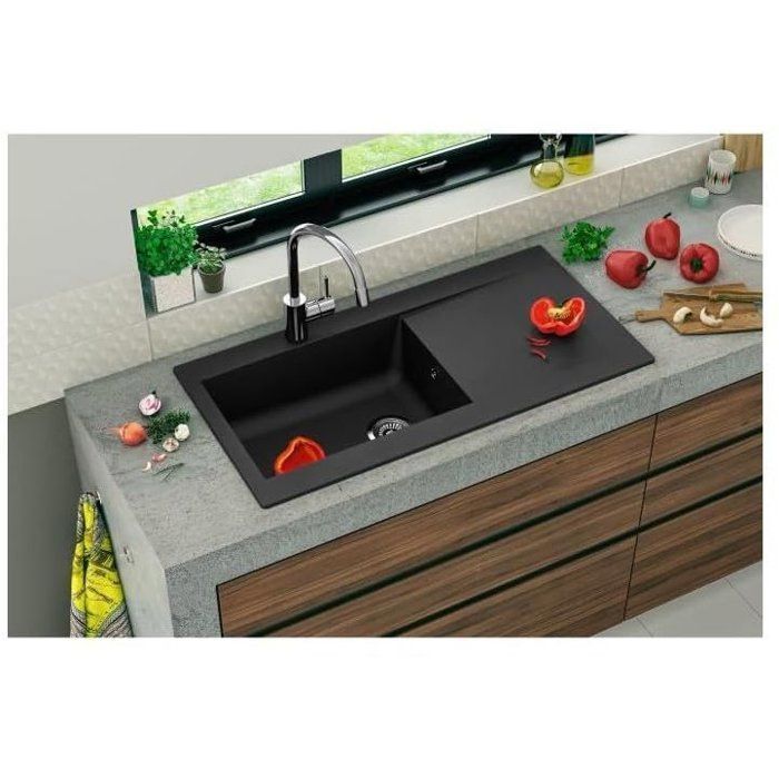 Fregadero empotrado de resina de 1000 x 500 mm, 1 cubeta grande - Negro - STRADOUR Lierra - Fabricado en Francia