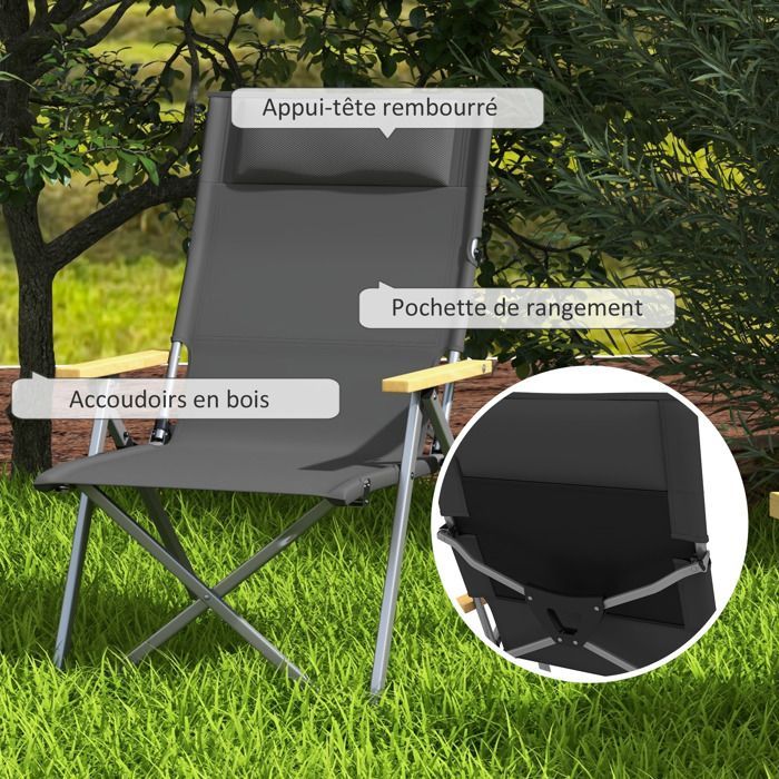 Campingstol - Outsunny - foldbar og bærbar - justerbar ryglæn, polstret nakkestøtte, lomme - 74 x 59,5 x 98 cm - mørkegrå