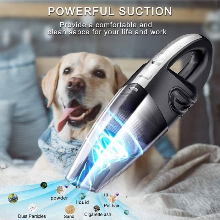 Aspiradora de mano inalámbrica recargable para coche de 120 W - Limpieza en seco y húmedo - 2 filtros HEPA - Con bolsa de almacenamiento - Negra