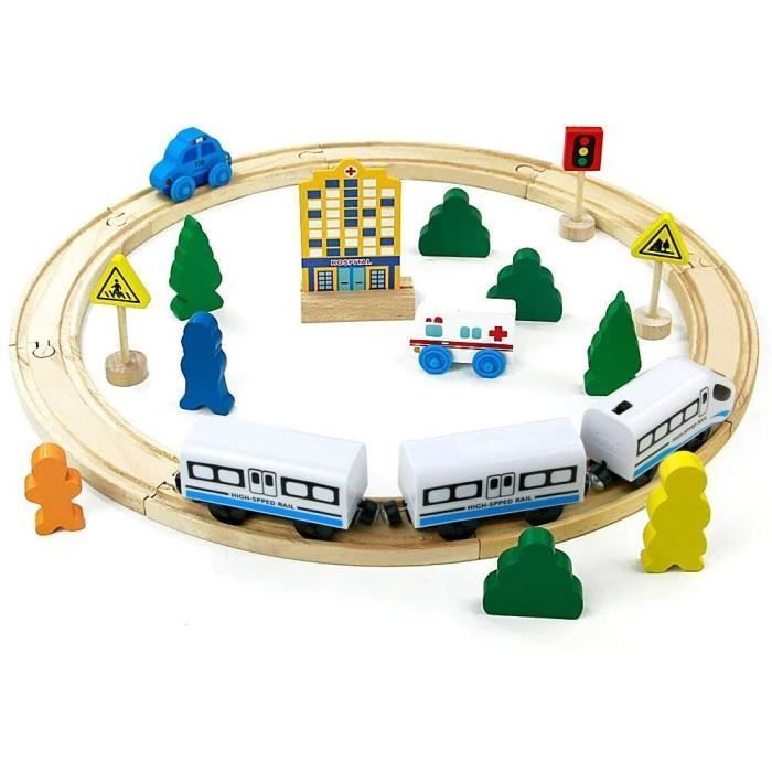 Pista per trenino elettrico in legno, gioco educativo di avventura con macchinine per bambini