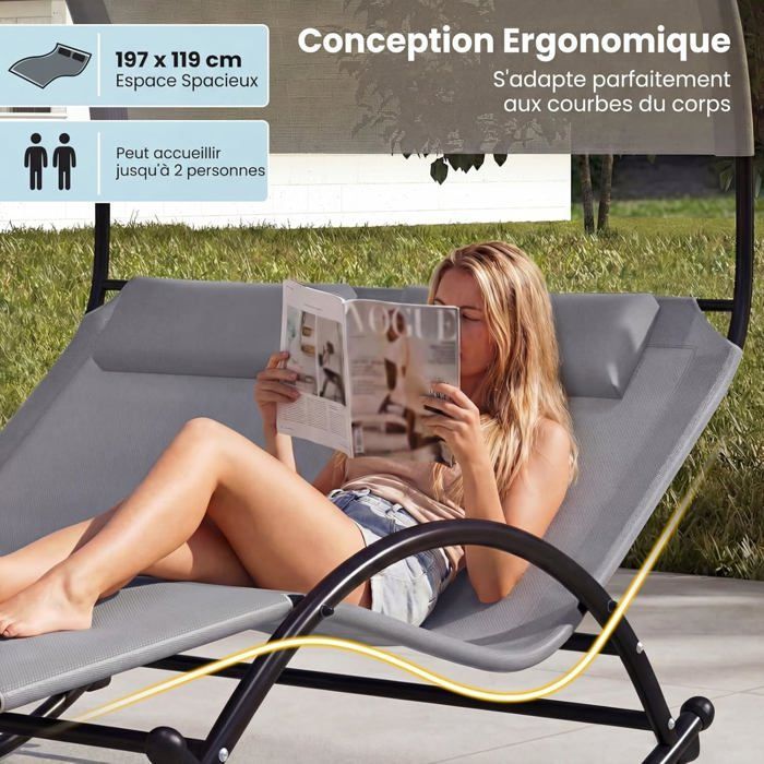 COSTWAY Chaise à Bascule de Jardin 2 Places, 2 Appui-Têtes Amovibles, Chaise Longue 2 Personnes, Lit de Repos Ergonomique, Gris