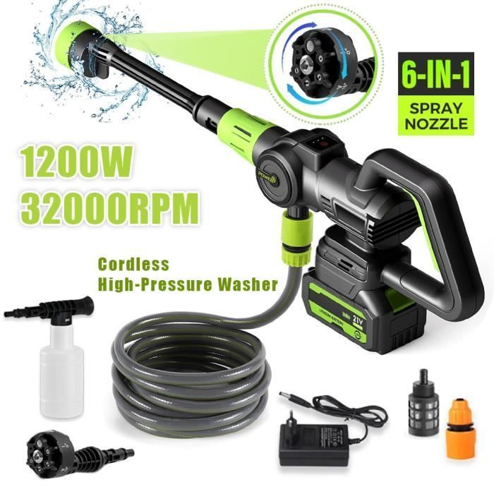 Lavadora de alta pressão portátil - 200 bar - 1200 W - 2 baterias - Bocal 6 em 1