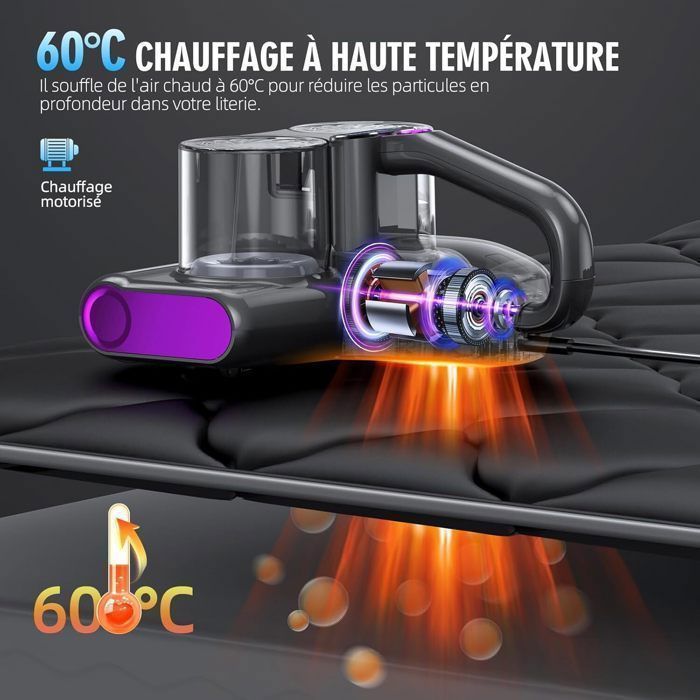 Aspirateur Anti-acariens 16 KPa, 500 W, Lumière UV 253,7 nm, 30 000 Tours/min, Élimine 99,9 % des Acariens et des Bactéries