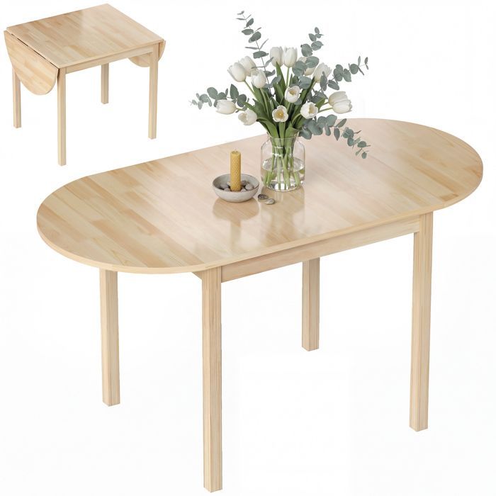 HOMCOM folding oval dining table in solid wood with 2 drop leaves, space-saving, 140L x 70W x 75H cm