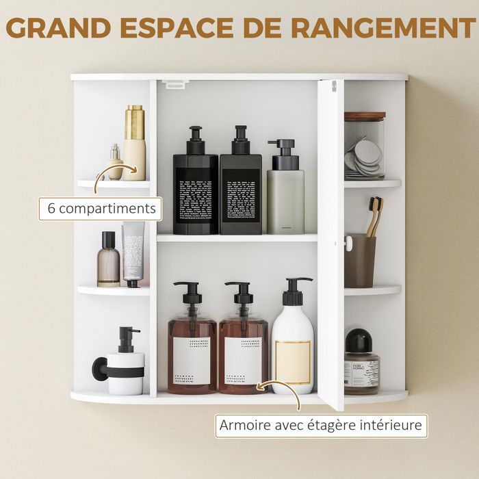 Armoire murale avec miroir salle de bain - HOMCOM - rangement toilettes 1 porte étagères  latérales - MDF - blanc