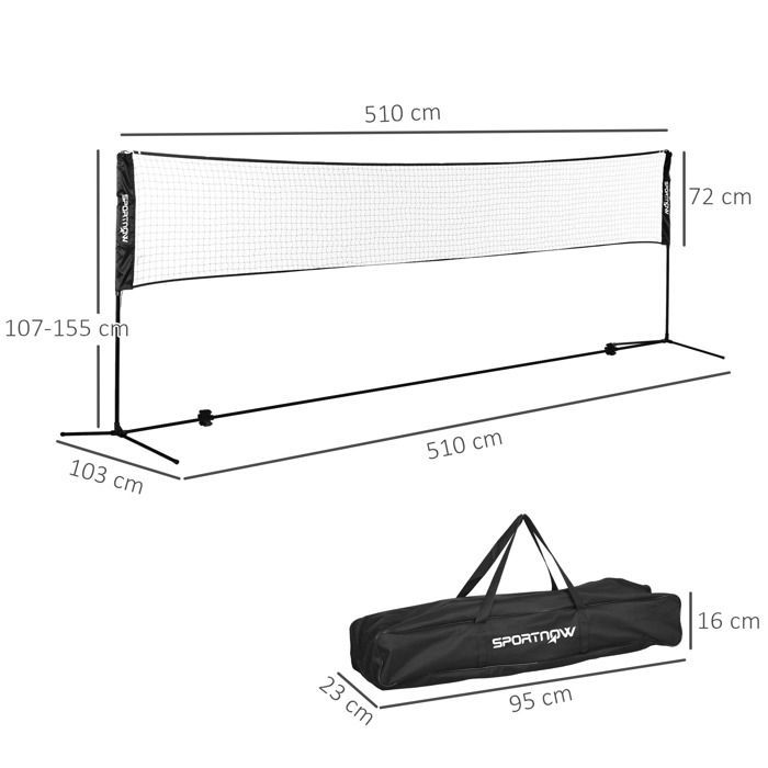 Complete badminton, pickleball and volleyball set - SPORTNOW - 3 in 1 - with adjustable height net 107-155 cm - black and green