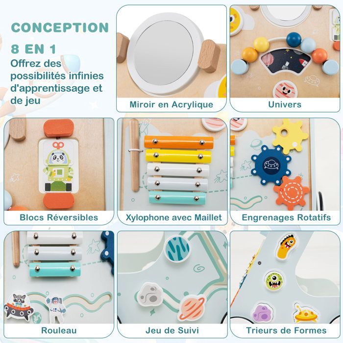 LIFEZEAL Chariot de Marche Bébé en Bois 1+ Ans, Trotteur Evolutif 8 en 1 Multifonctionnel,  Jouet éducatif, Marcheur pour Bebe, Ver