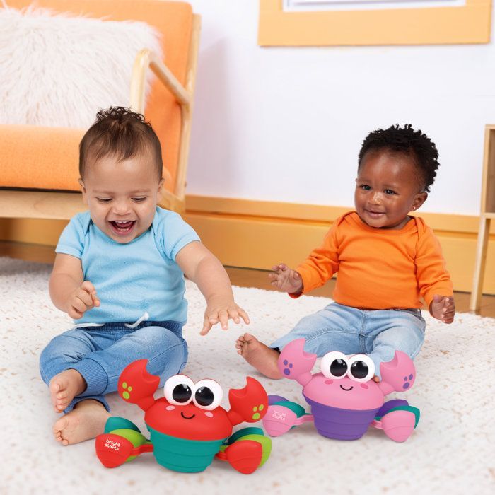 BRIGHT STARTS Loopkrab, Babyspeelgoed 6M+, Muzikaal speelgoed, Speelgoed voor grove en fijne motoriek, Obstakelsensoren, Rood