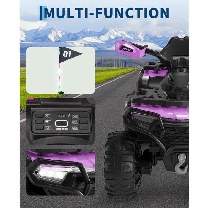 Coche eléctrico infantil de 12 V - 2 motores de 35 W, mando a distancia, luces LED, música, Bluetooth, USB, bandera luminosa, a partir de 3 años - Morado