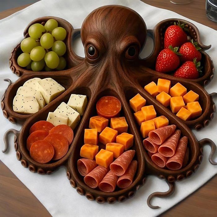 Nautical-themed wooden serving tray - ULISEM - For cheese, charcuterie, fruit - Beach and nautical decoration - Octopus design