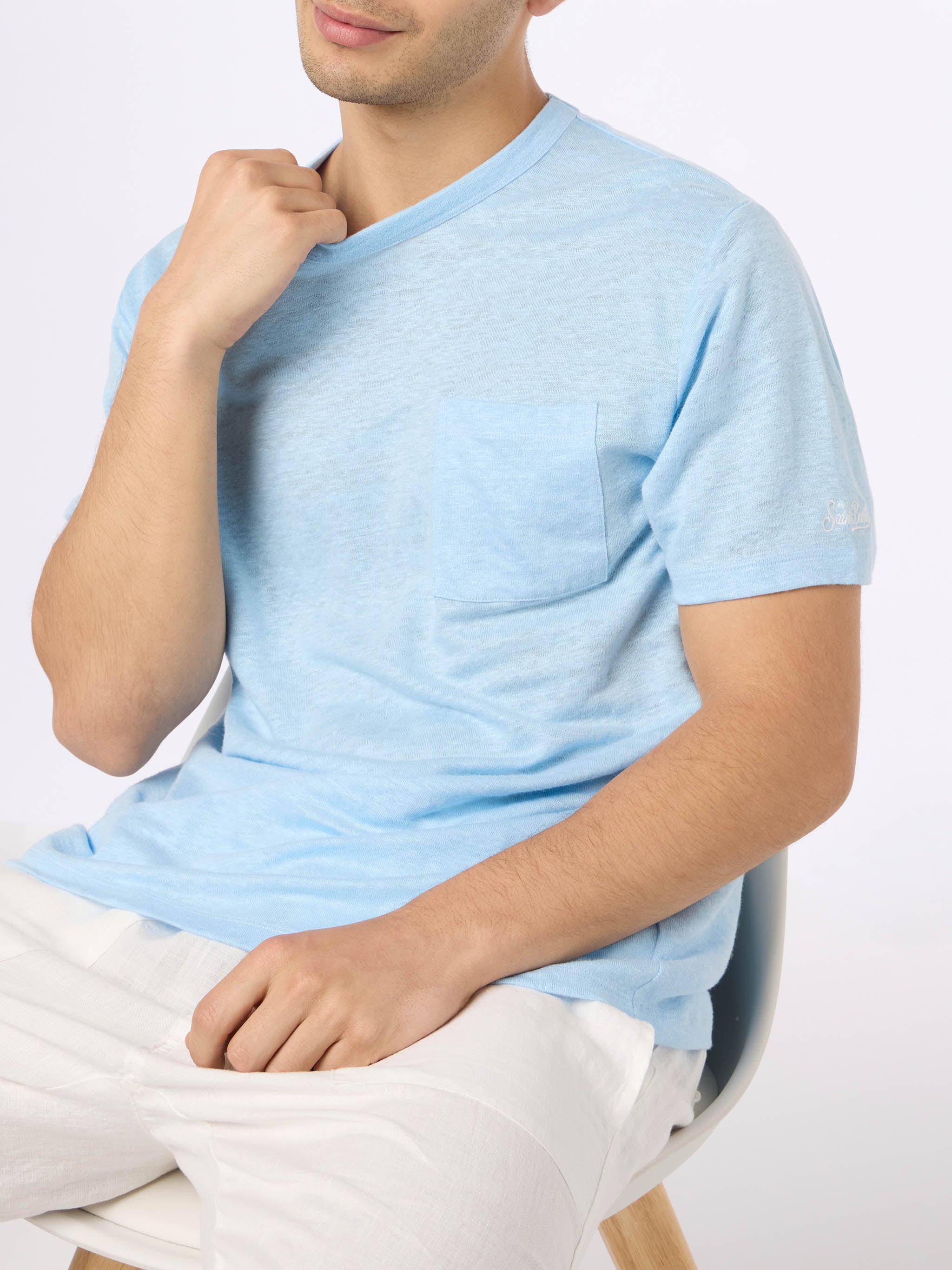 Ecstasea heren T-shirt van lichtblauw linnenjersey met zakje