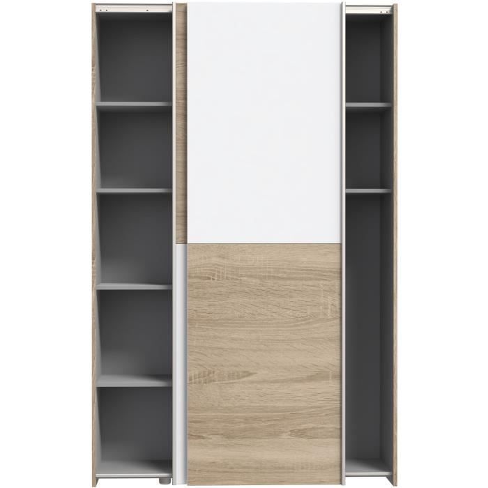 Multifunctional 2-door sliding wardrobe - White and light oak - W120 x D41.6 x H190.5 cm - OZZULA