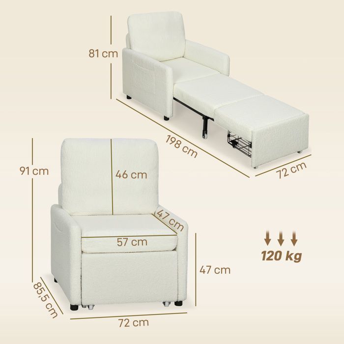 Sillón convertible - HOMCOM - almacenamiento oculto, asiento ancho acolchado - tejido polar Teddy - 72 x 85,5 x 91 cm - color crema