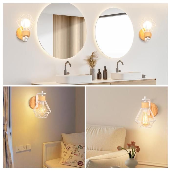 IDEGU 2PCS Applique Murale Vintage en Cage Blanc,16CM Lampe Murale Industrielle en Fer Bois Rétro Luminaire E27 Éclairage Mural