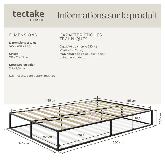 Lit - TECTAKE -  Cadre de lit en acier KYOTO avec sommier à lattes en bois de peuplier - 200 x 140 x 25,5 cm