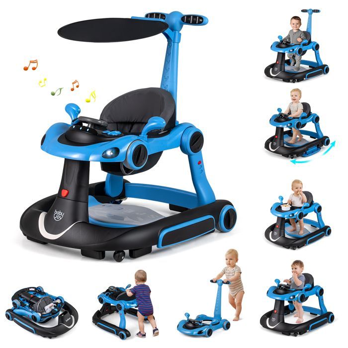 Andador convertible para bebé COSTWAY 7 en 1 - Altura y velocidad ajustables - Luces y música - Asiento extraíble y antivuelco - Negro y azul