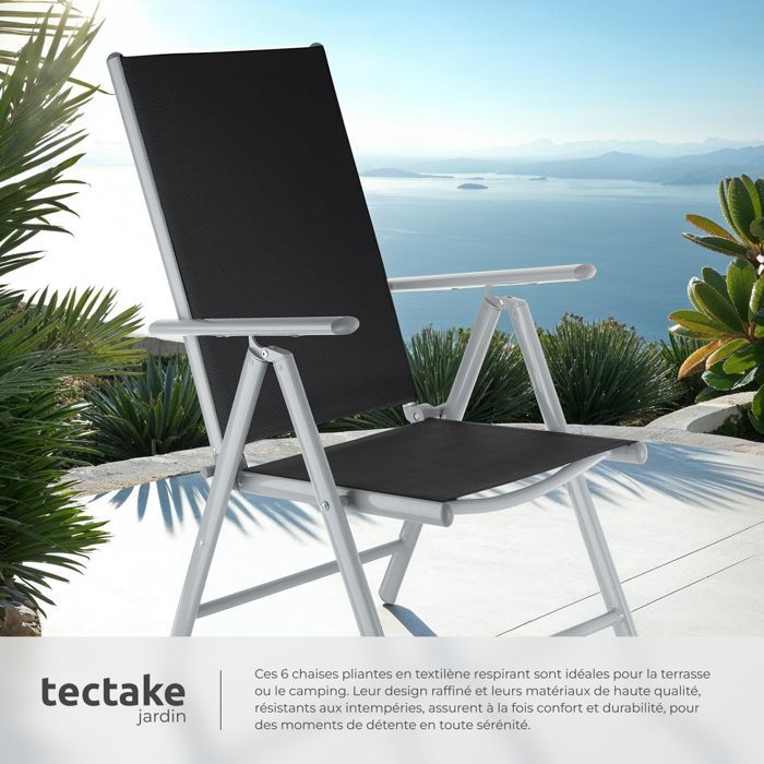 Sillas de jardín - TECTAKE - Juego de 6 sillas de jardín plegables MARILENA, respaldo ajustable en 7 posiciones - Negro/Gris