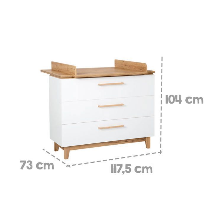 ROBA Finn Wickeltisch mit 3 Schubladen – Soft-Close – Weiß/Goldene Eiche