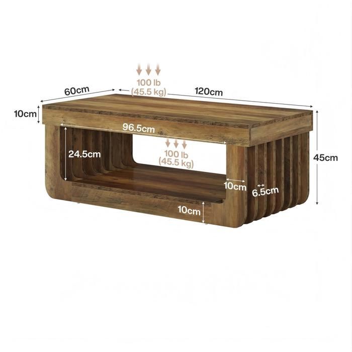 Tavolino da salotto - 120 × 60 × 45 cm - legno, 2 ripiani - venatura del legno naturale - struttura a doghe - stile rustico - marrone
