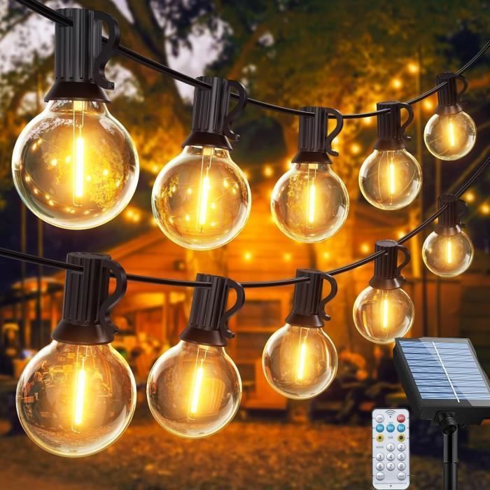 Guirnalda de luces LED solares para exteriores de 30 m, 50+2 LED G40, resistente al agua IP65, con control remoto RF para jardín, fiestas, patio y terraza.